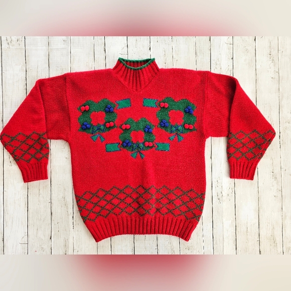 Vintage Karen Scott Red Wreath Christmas Sweater Embroidered 3D Poms High Neck - Picture 2 of 11